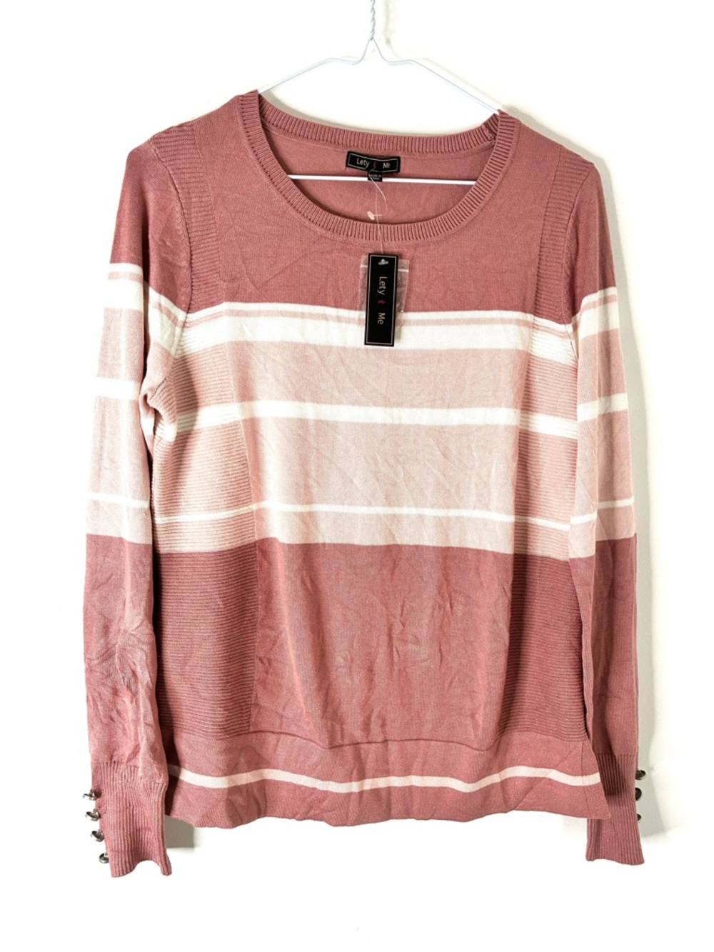 Pink Mauve Scoop Neck Knit Sweater Ribbed Side Panels Button Cuff NWT Lety & Me